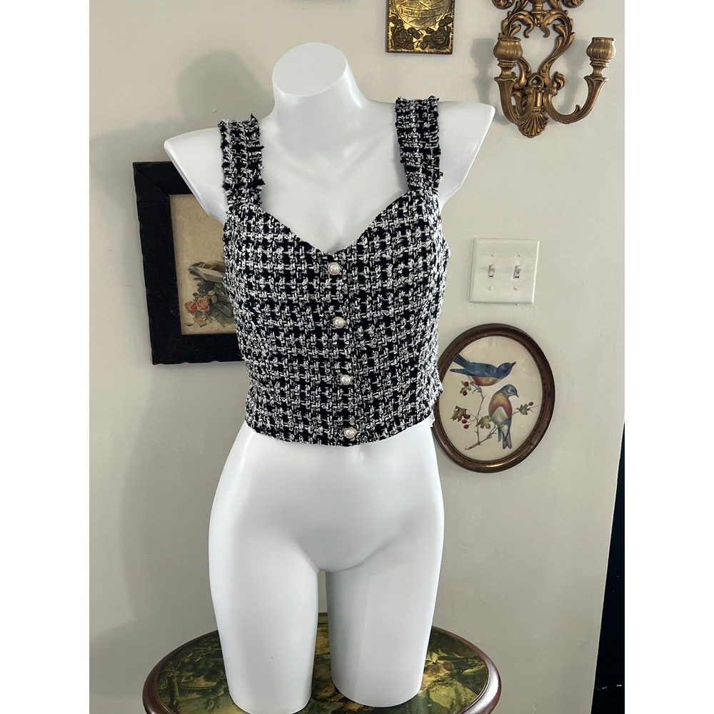 Lulu's Black White Tweed Pearl Button Crop Top Vest Size S New with Tags